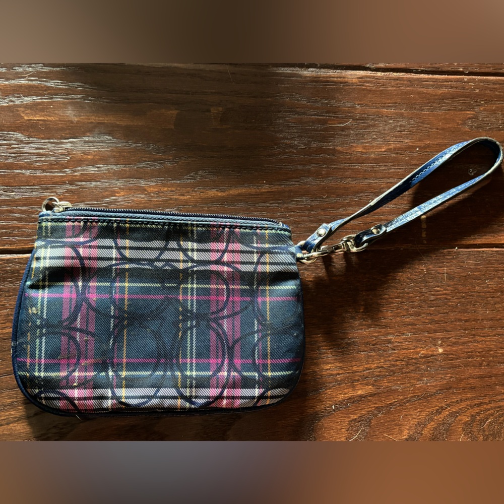Coach Plaid Wristlet in Blue and Pink